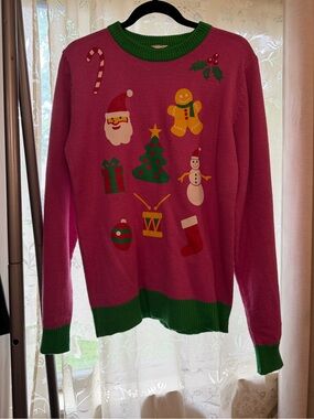 Holiday Graphic Crewneck Sweater in Pink with Green Trim